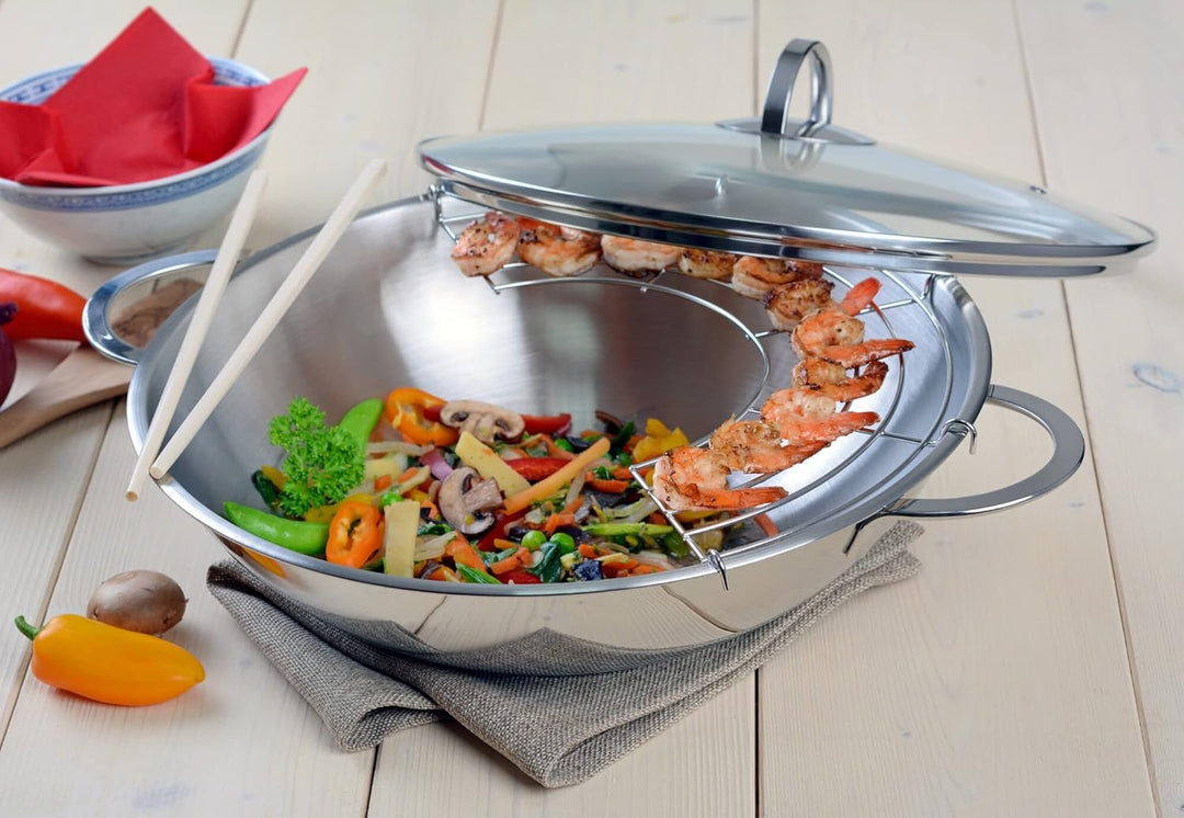 GRÄWE Edelstahl Wok 32 cm mit Glasdeckel und Ablagegitter, Edelstahl