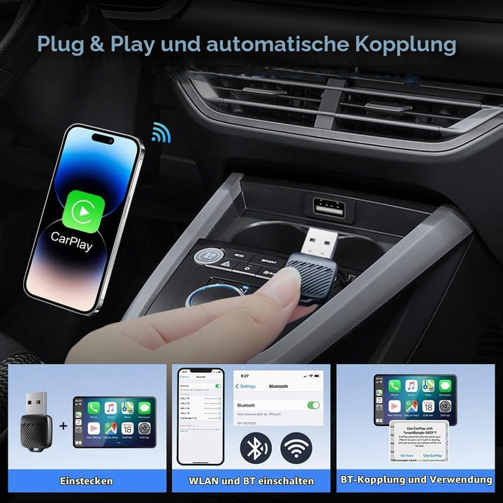 Mini USB Wireless CarPlay Adapter, Auto Multimedia Dongle, kabelloser Android Auto 2 in 1 Adapter, K
