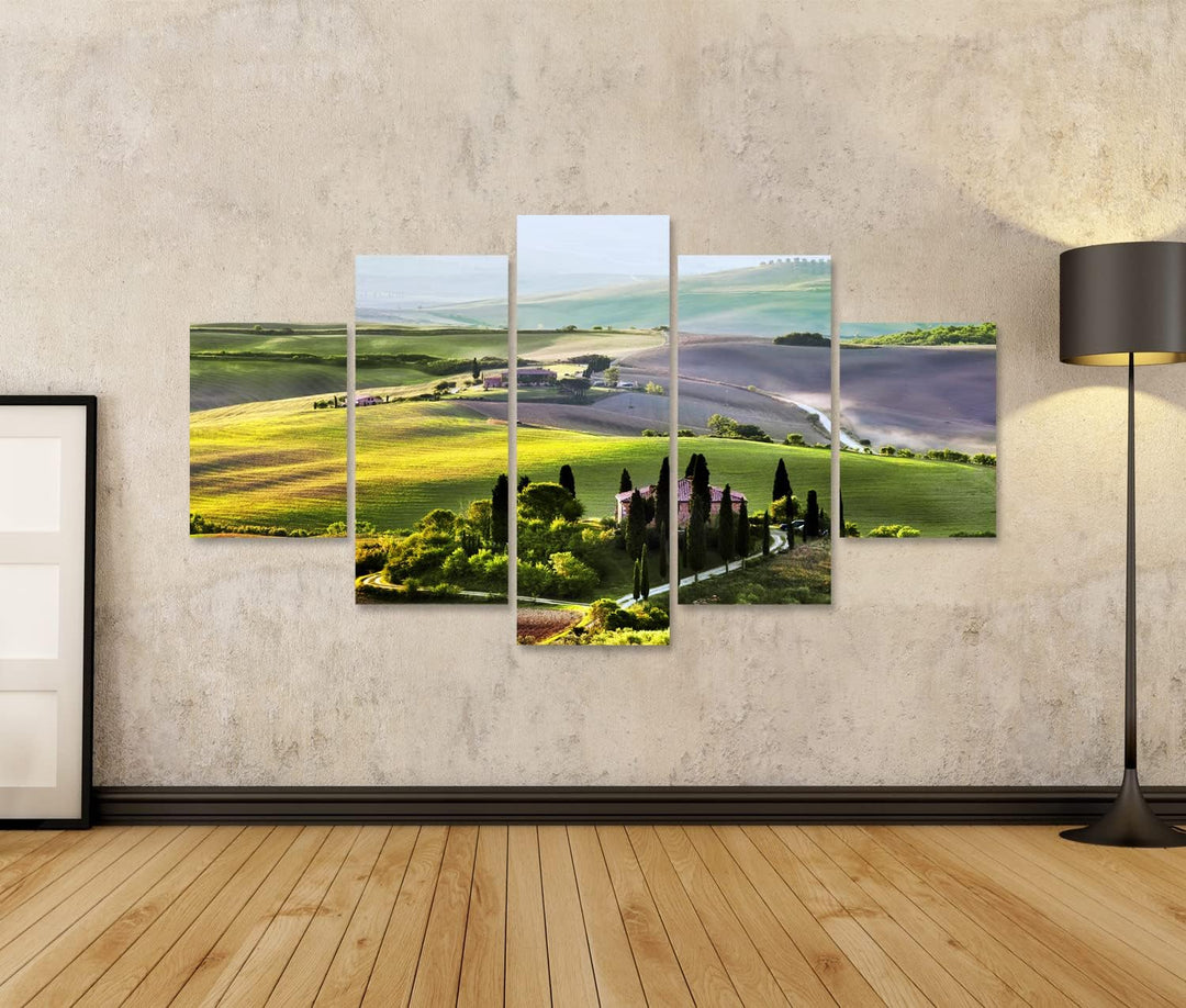 islandburner Bild auf Leinwand Toskana Landschaft Sonnenaufgang Bauernhaus Weinberg Bilder Wandbilde