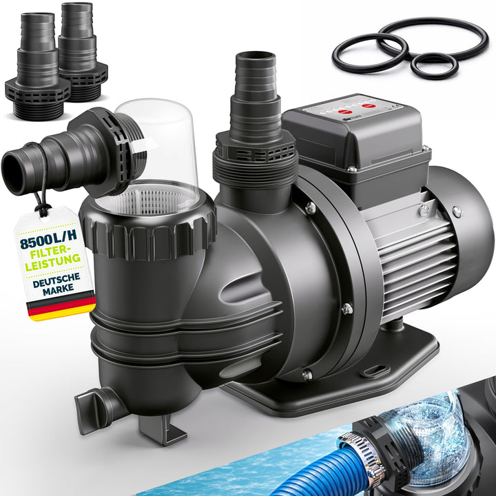 tillvex® Filterpumpe Pool mit Timer 8.500L/h & 450W | Schwimmbadpumpe Förderhöhe max.9m | Poolfilter