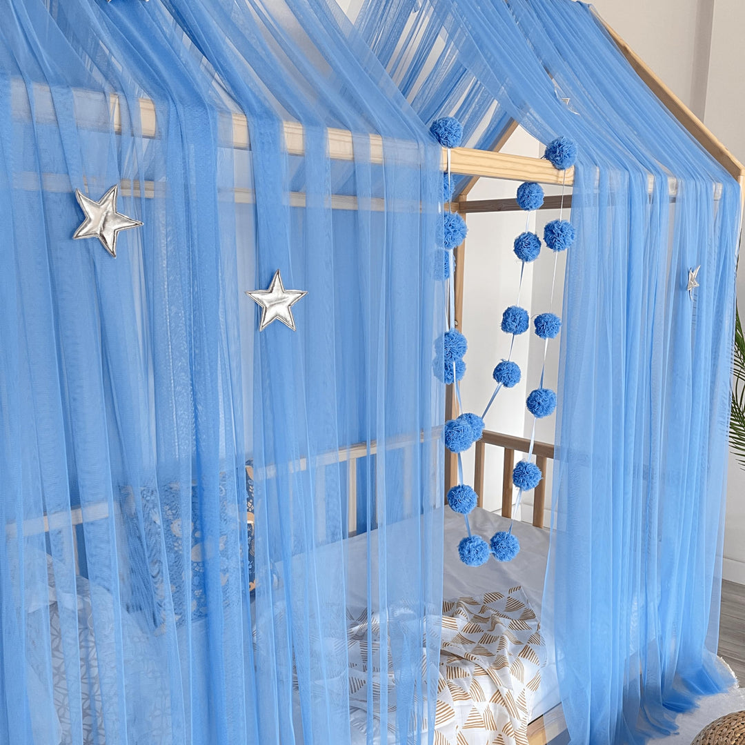 Baby Fancyroom Hausbett Himmel blau Betthimmel Deko Set Kinderzimmer Kinderbett Baldachin Pompongirl