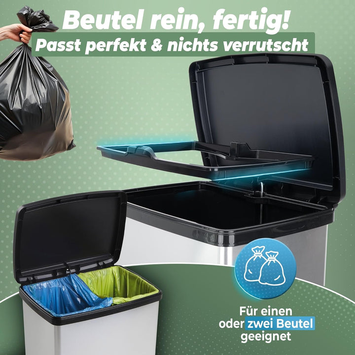 Novaliv 2x Grosser Mülleimer mit Deckel - 50L Tretmülleimer mit Soft-Close-System - Stabiler Abfalle