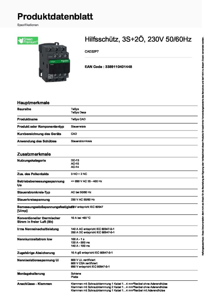 Schneider Electric | CAD32P7 - Hilfsschütz, 3S+2Ö, 230V 50/60Hz 3S+2Ö 230V, 3S+2Ö 230V