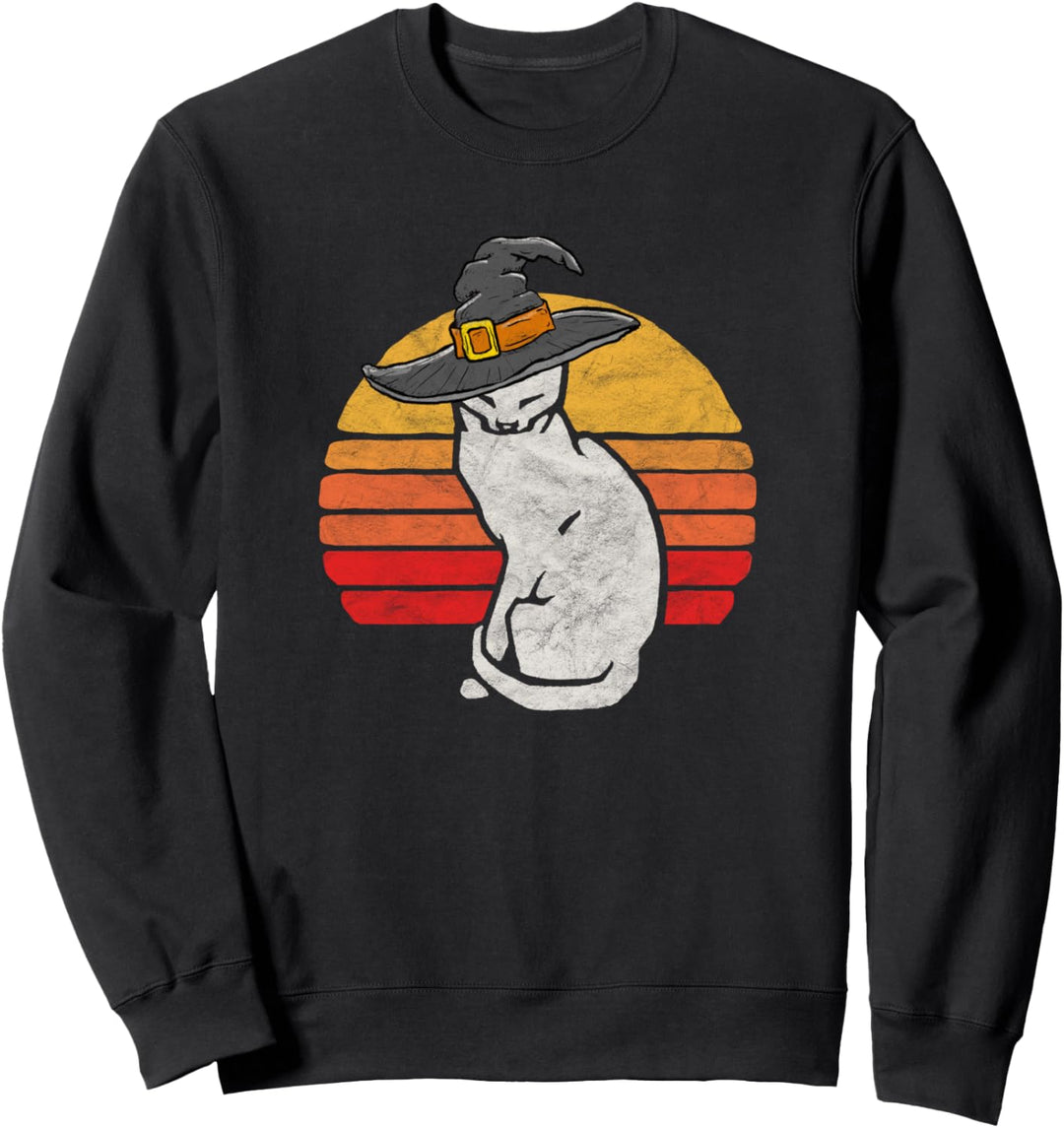 Funny White Cat in Witch Hat Vintage Minimalist Halloween Sweatshirt