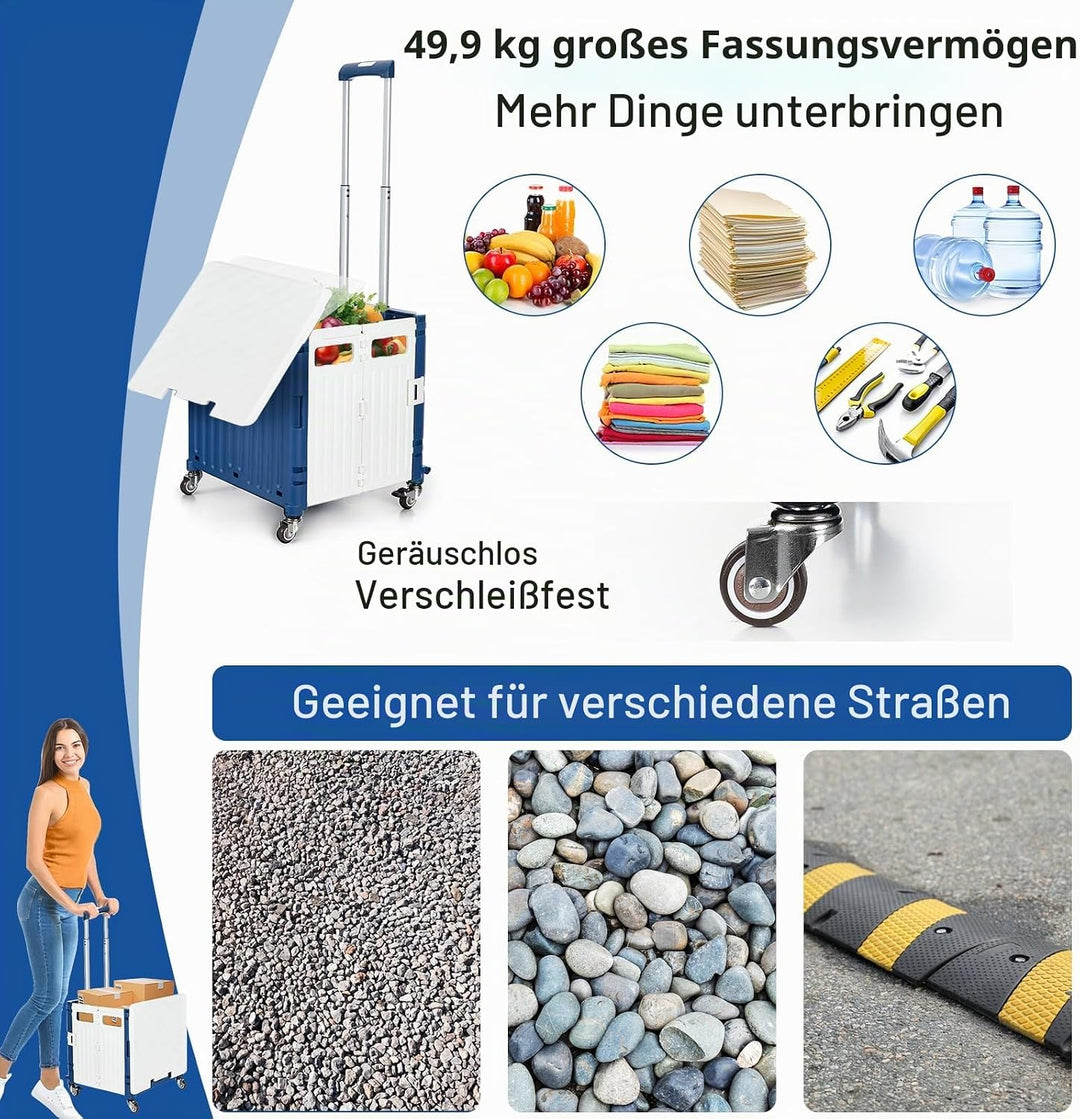 Einkaufstrolley Klappbar, Einkaufstrolley mit Deckel 65L bis 40KG, Kunststoff Einkaufswagen Klappbar