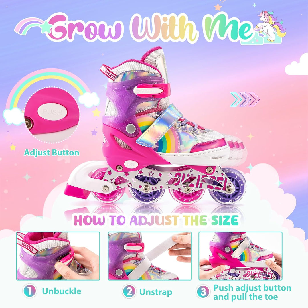 SULIFEEL Rainbow Unicorn Verstellbare Schwarz Rollschuhe für Kinder mit Leuchtenden Rädern für Junge