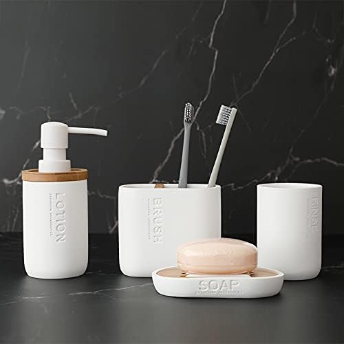 Badezimmer Zubehör Set, mit dekorativen Bambus/Holz Zubehör, Harz, Seifenspender, Zahnbürstenhalter,