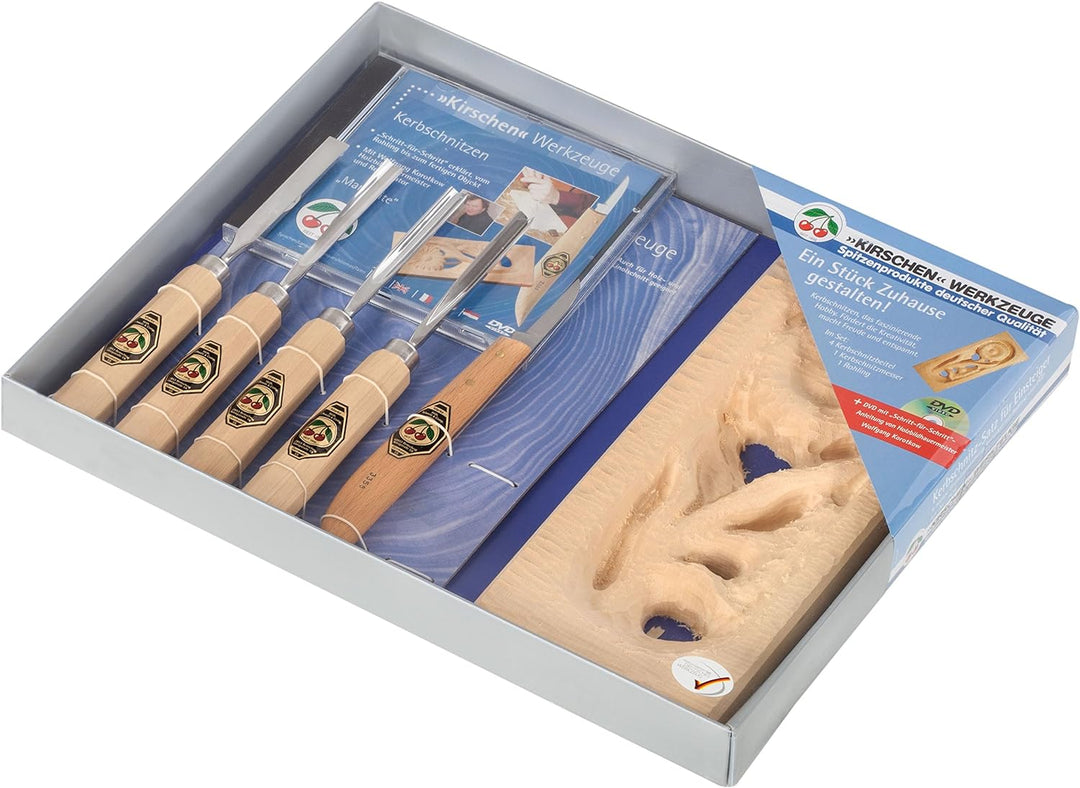 "KIRSCHEN" Werkzeuge 3436000 | Einsteiger-Kerbschnitzsatz „Margerite“, 7-teilig inkl. DVD-Anleitung