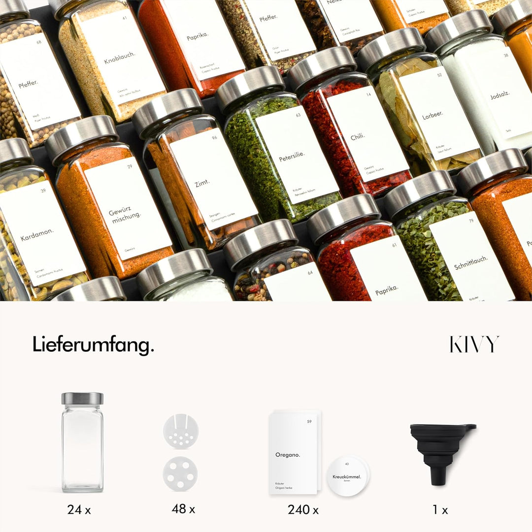 KIVY Gewürzgläser mit Streueinsatz [24x 120ml] + 240 Wasserfeste Label - Gewürzgläser eckig - Gewürz