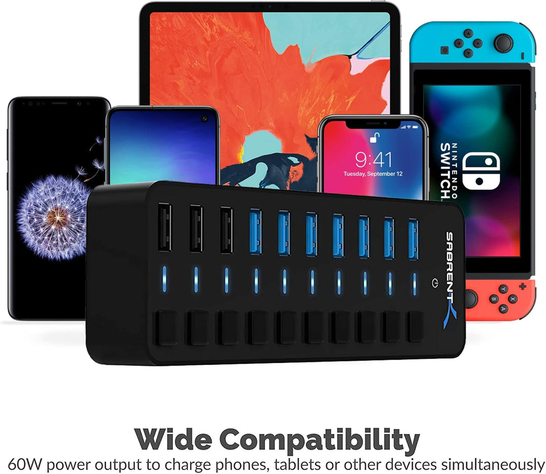 SABRENT USB Hub aktiv 3.2 gen1 + netzteil 60W 10port (7 USB hub 3.2 + 3 USB 2) USB Adapter mehrfach