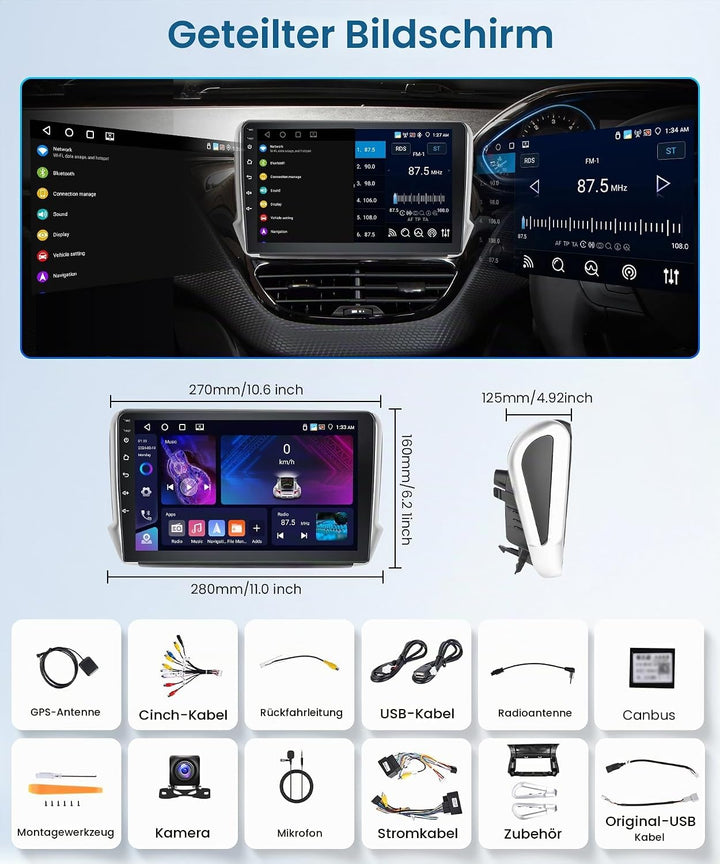 Rimoody 4+64G Android Autoradio für Peugeot 2008 208 2012-2018 10.1 Zoll HD Autoradio mit Carplay An