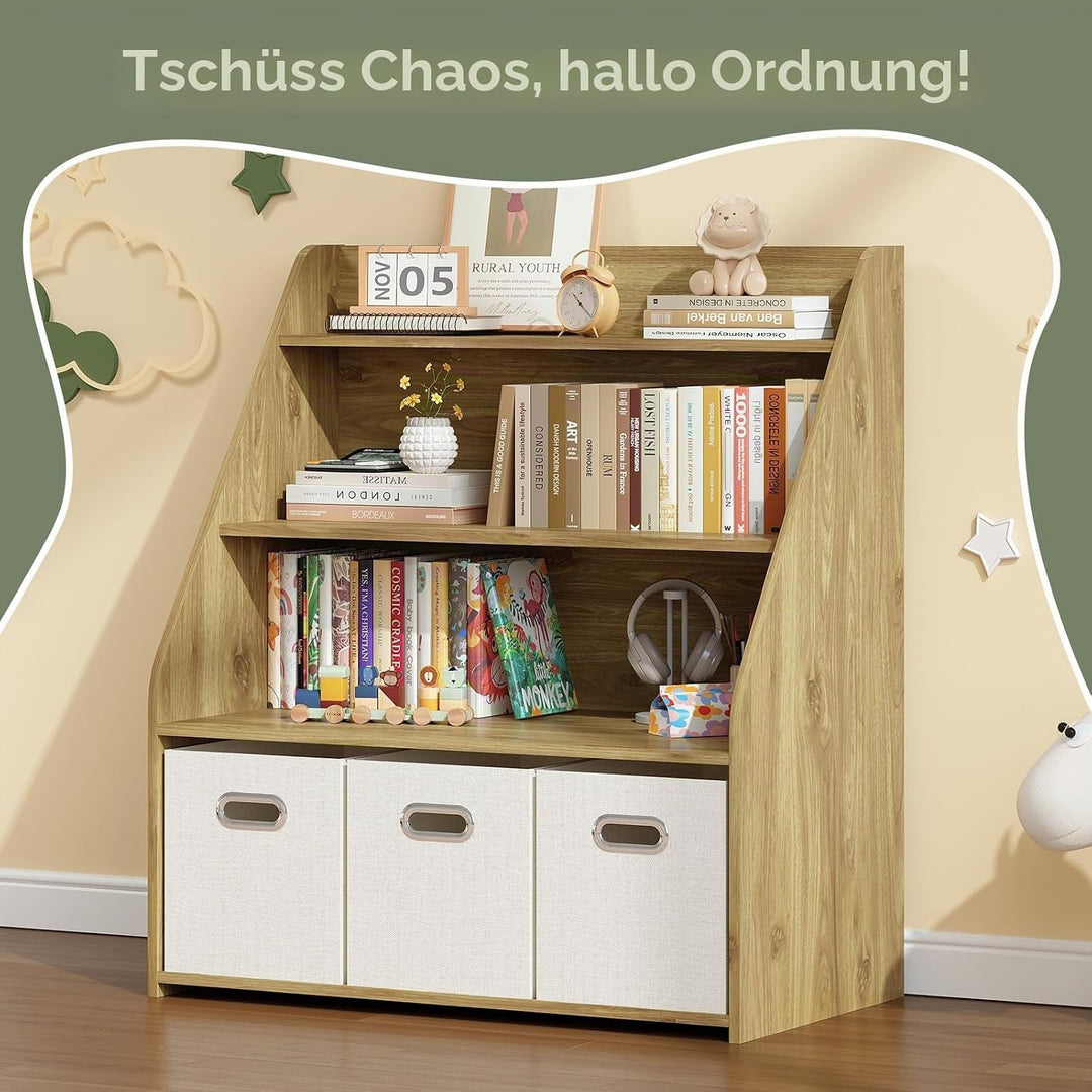 Kinder Bücherregal mit 3 herausnehmbaren Schubladen – Vielseitiges Holz-Regal mit offenen Fächern fü