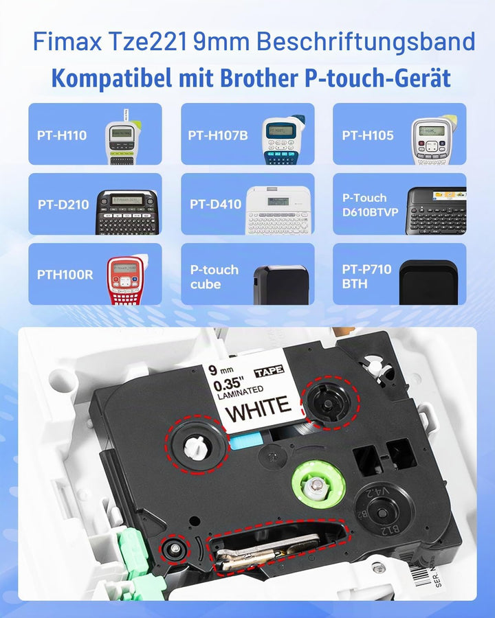 Fimax Kompatibel Schriftband TZe-221 Ersatz für Brother P-Touch Bänder 9mm TZe221 Tz-221 Etikettenba