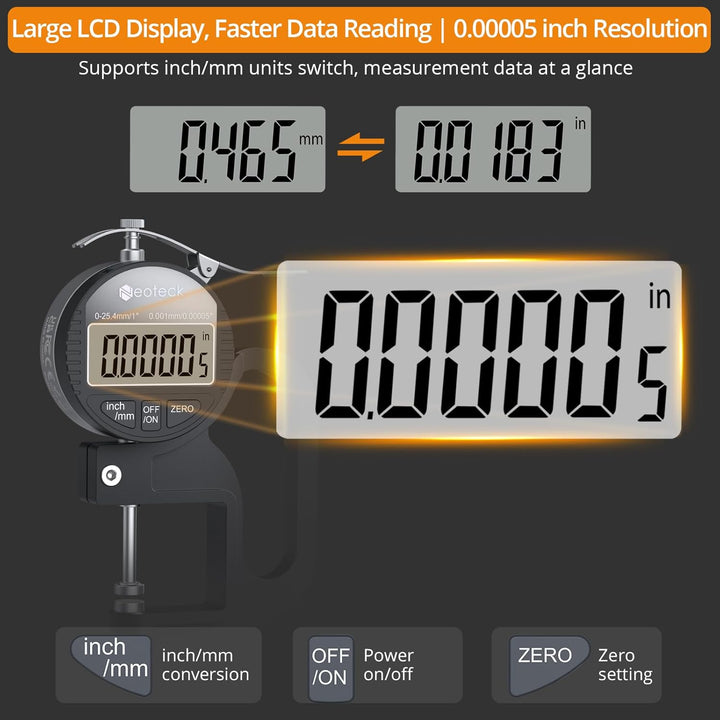 Neoteck Tragbares Digitales Dickenmessgerät 0-25,4 mm Messbereich 0,001/0,00005 '' elektronischer Mi