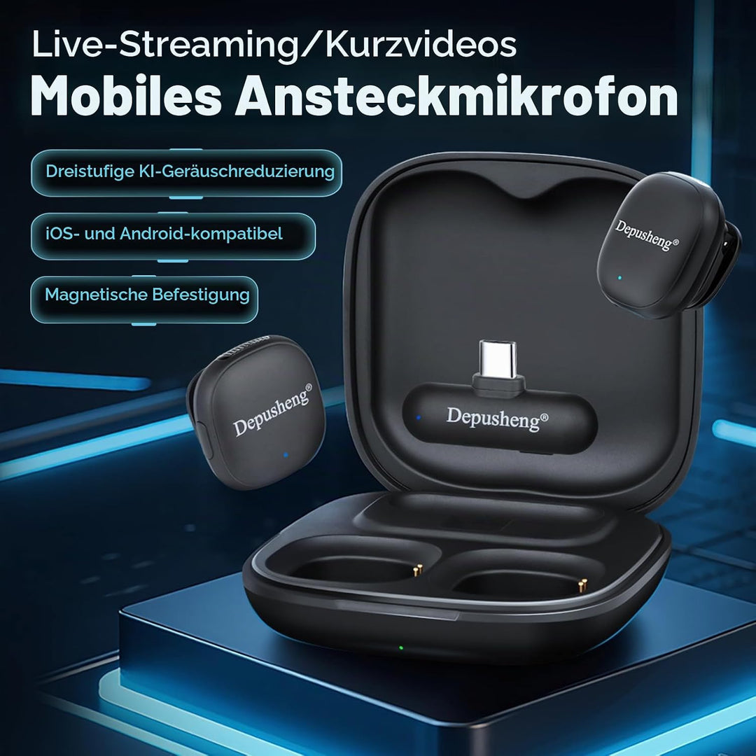 Depusheng V2 2 Stück kabelloses Lavalier-Mikrofon für iPhone, iPad und Android mit Ladecase, 8 Stund