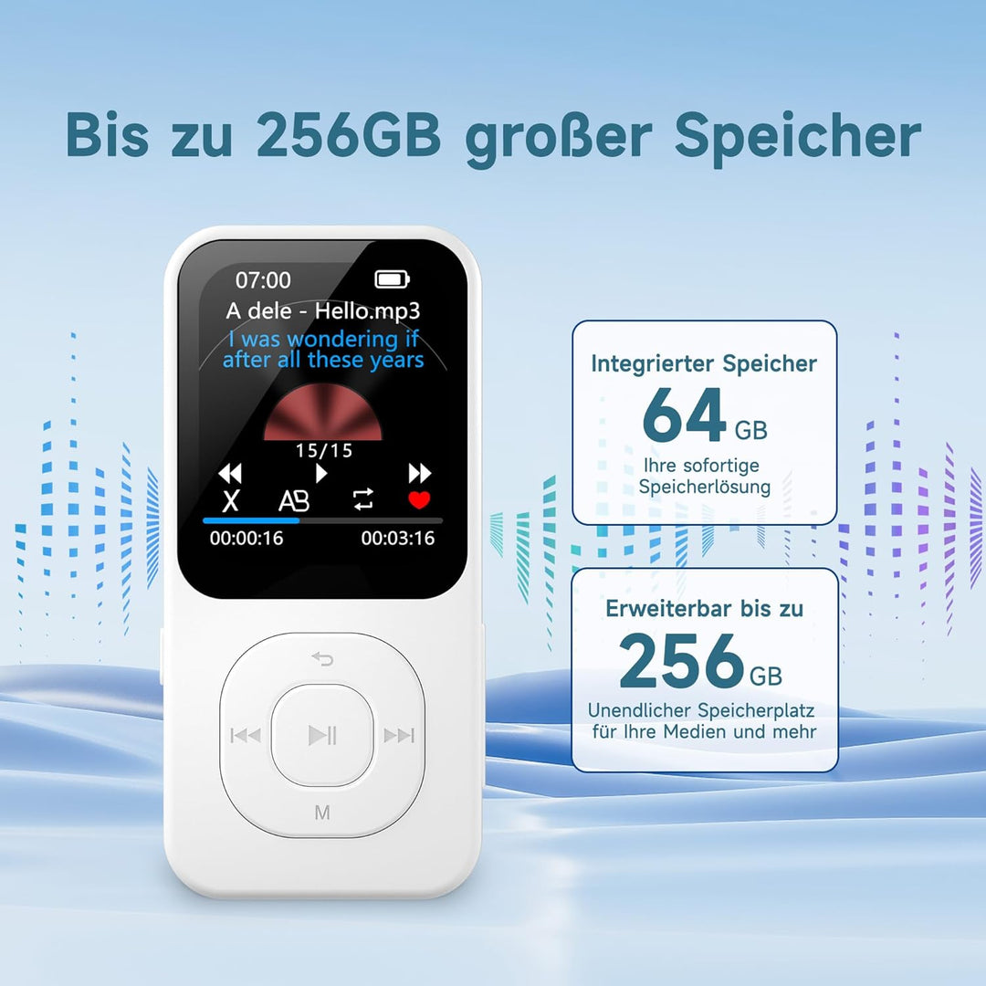 64GB MP3-Player mit Bluetooth 5.3, PECSU HD-Bildschirm Musikplayer mit Lautsprecher, UKW-Radio, Spra