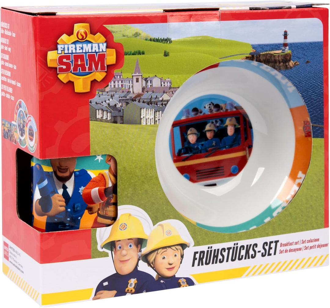 Feuerwehrmann Sam Frühstücksset für Kinder - Geschirr Set 3-teilig Teller, Schale & Tasse aus Porzel