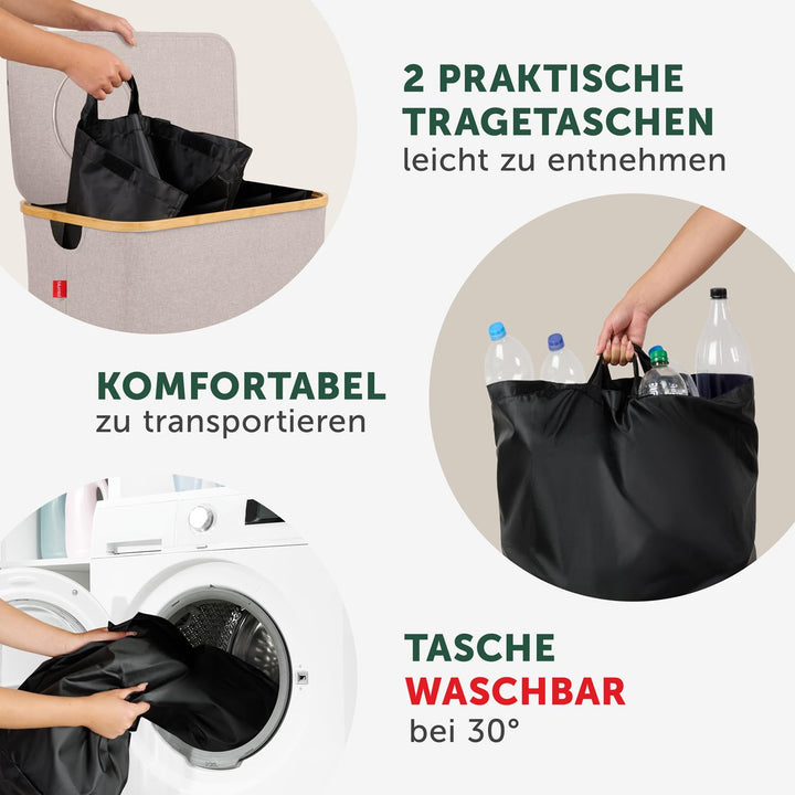 Blumtal Pflandflaschen Sammelbehälter 150L mit 2 Fächern - Bambus Pfandflaschen Organizer mit Flasch