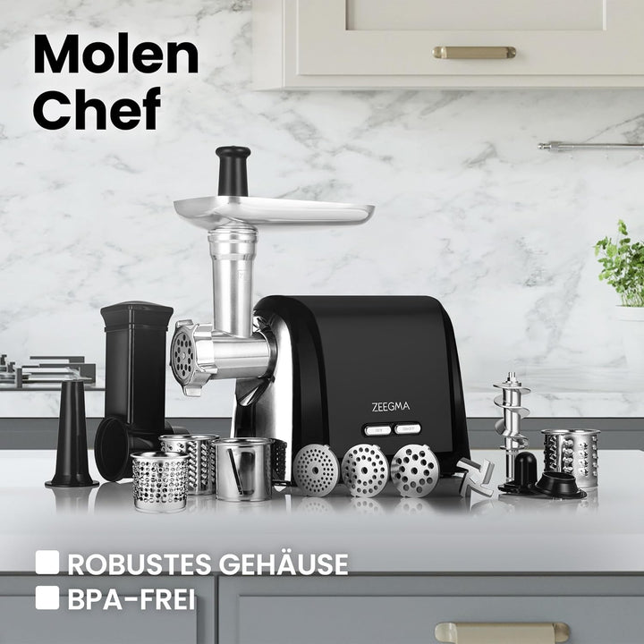 ZEEGMA Molen Chef Elektrischer Fleischwolf, 1900 W mit 3 Schleifplatten aus Edelstahl, 3 kg/min, Wur