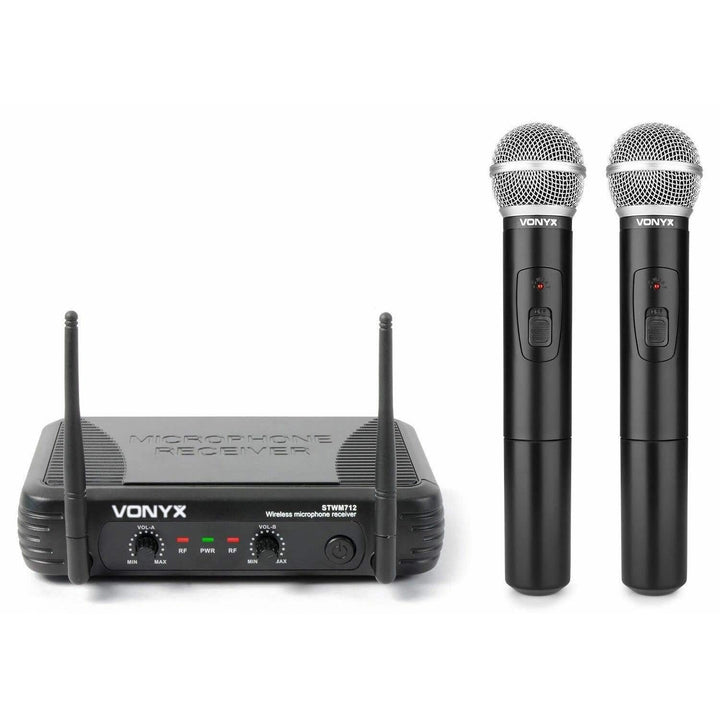 Vonyx STWM712 - Wireless Mikrofonset VHF 2-Kanal mit Empfänger und 2 Funkmikrofonen, Funkmikro, drah
