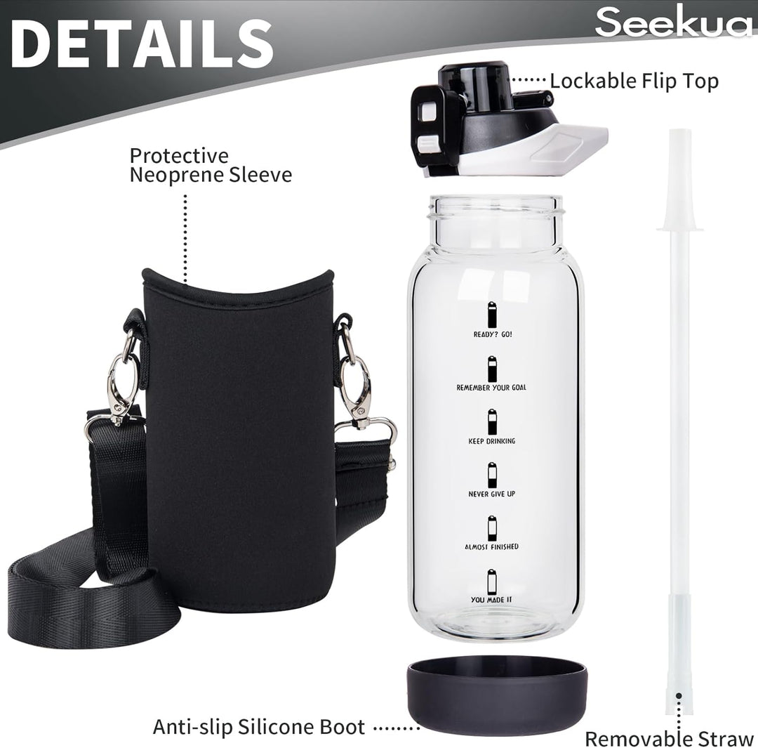 Seekua 0.6l Sport Trinkflasche Glas Flasche mit Strohhalm & Zeitmarkierung für Kinder, Schule 600ml