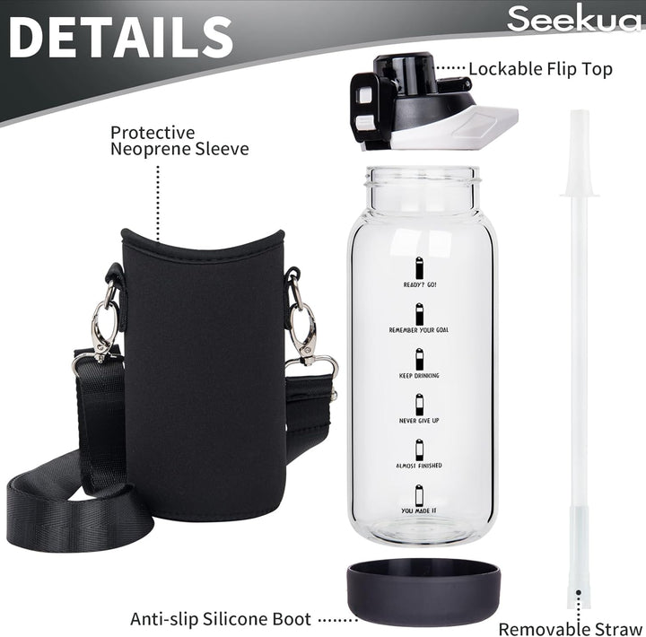 Seekua 0.6l Sport Trinkflasche Glas Flasche mit Strohhalm & Zeitmarkierung für Kinder, Schule 600ml