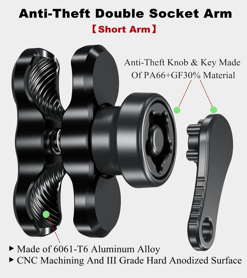 BRCOVAN Diebstahlschutz Aluminiumlegierung Doppelsockelarm (Kurzer Arm) Kompatibel mit RAM Mounts B