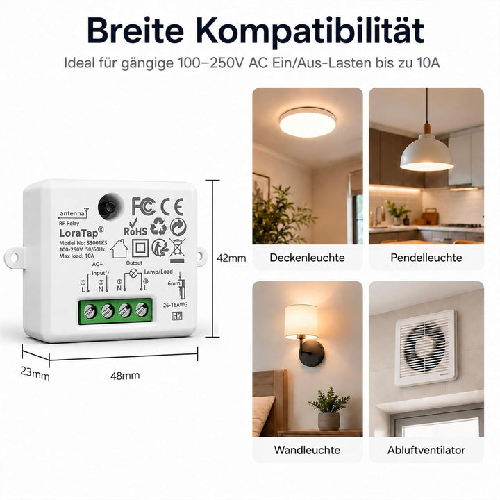 LoraTap Funk Lichtschalter Set mit 1 Fernbedienung und 1 Empfänger, 230V Funk Einbauschalter für Lic