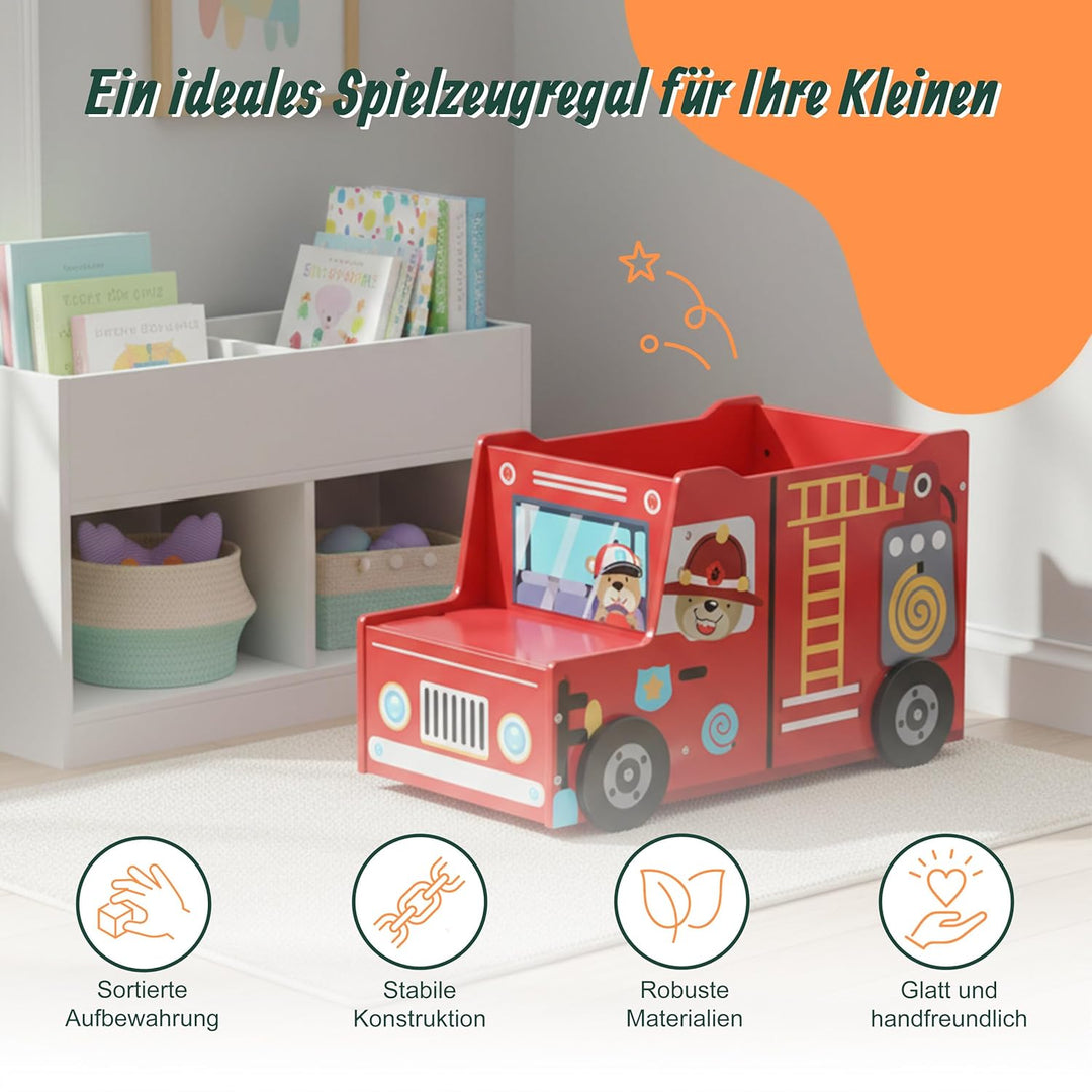 Relaxdays Spielzeugkiste Feuerwehr, Kinderzimmer, HBT: 34 x 60 x 32 cm, Spielzeugbox mit Stauraum &