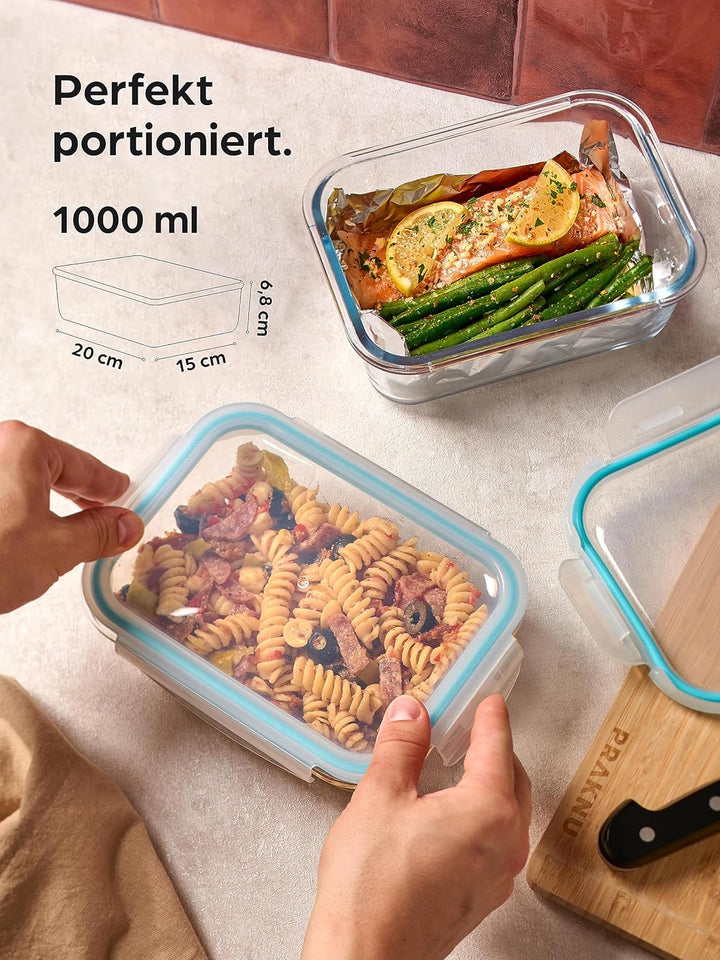 Praknu Glasbehälter mit Deckel 1000ml - 4er Set Frischhaltedosen - Stapelbar & Luftdicht - BPA-frei