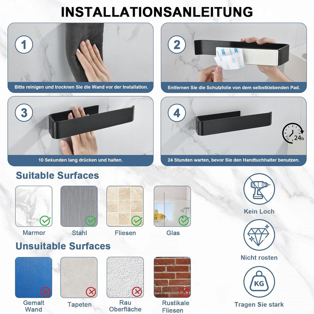 JS Handtuchstange Ohne Bohren Handtuchhalter Schwarz Matt, Handtuch Halterung Wandmontage Wasserdich