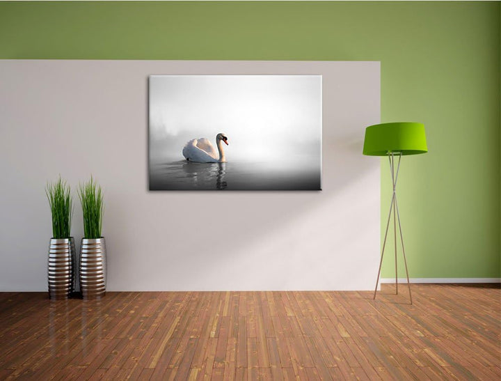 einsamer Schwan auf See schwarz/weiss Format: 100x70 auf Leinwand, XXL riesige Bilder fertig gerahmt