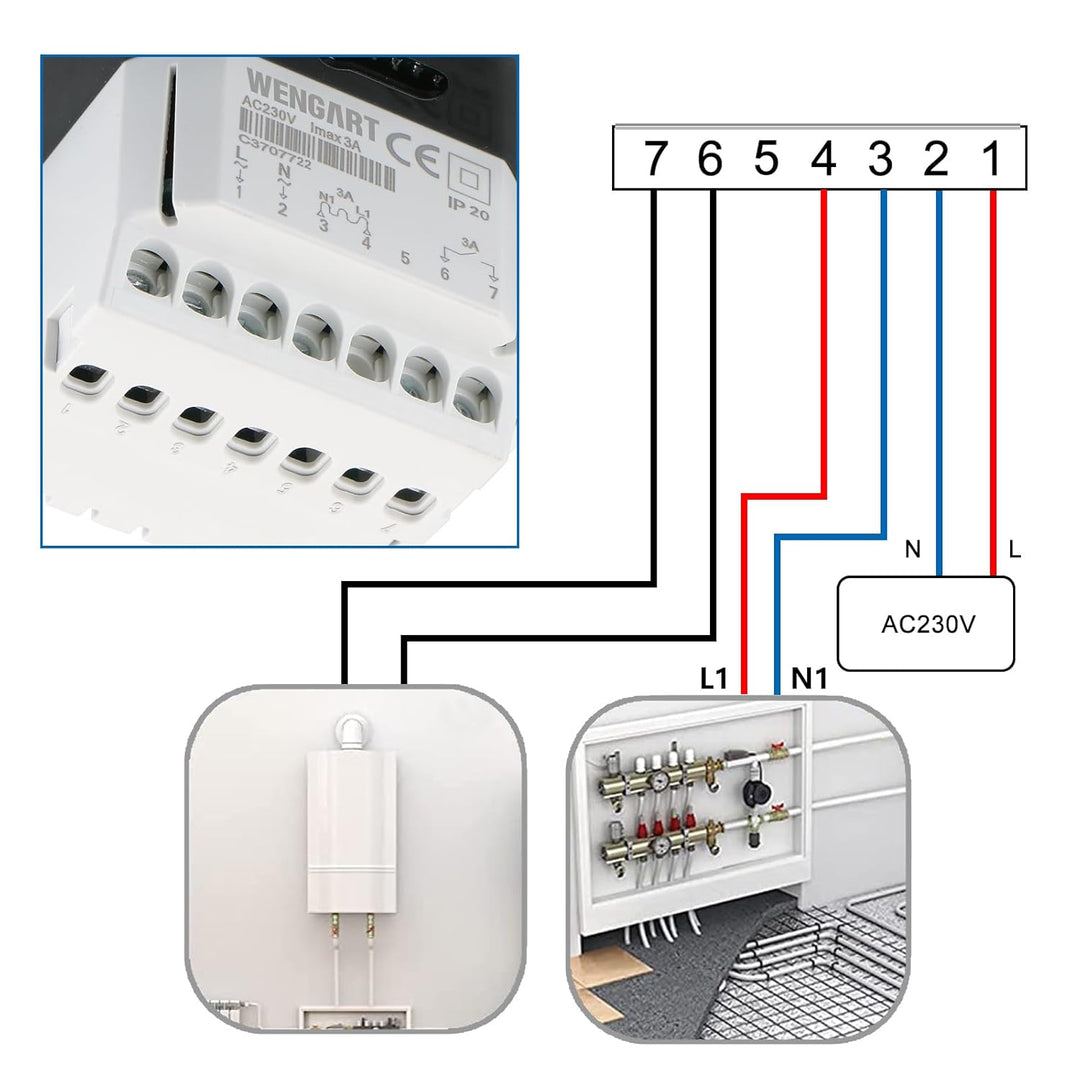 Wengart Innenthermostat WG806,AC230V Wochenprogrammierung,6 Zeiträume,Ausgang 3A,LCD-Digitalanzeige,