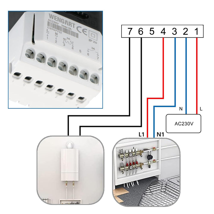 Wengart Innenthermostat WG806,AC230V Wochenprogrammierung,6 Zeiträume,Ausgang 3A,LCD-Digitalanzeige,