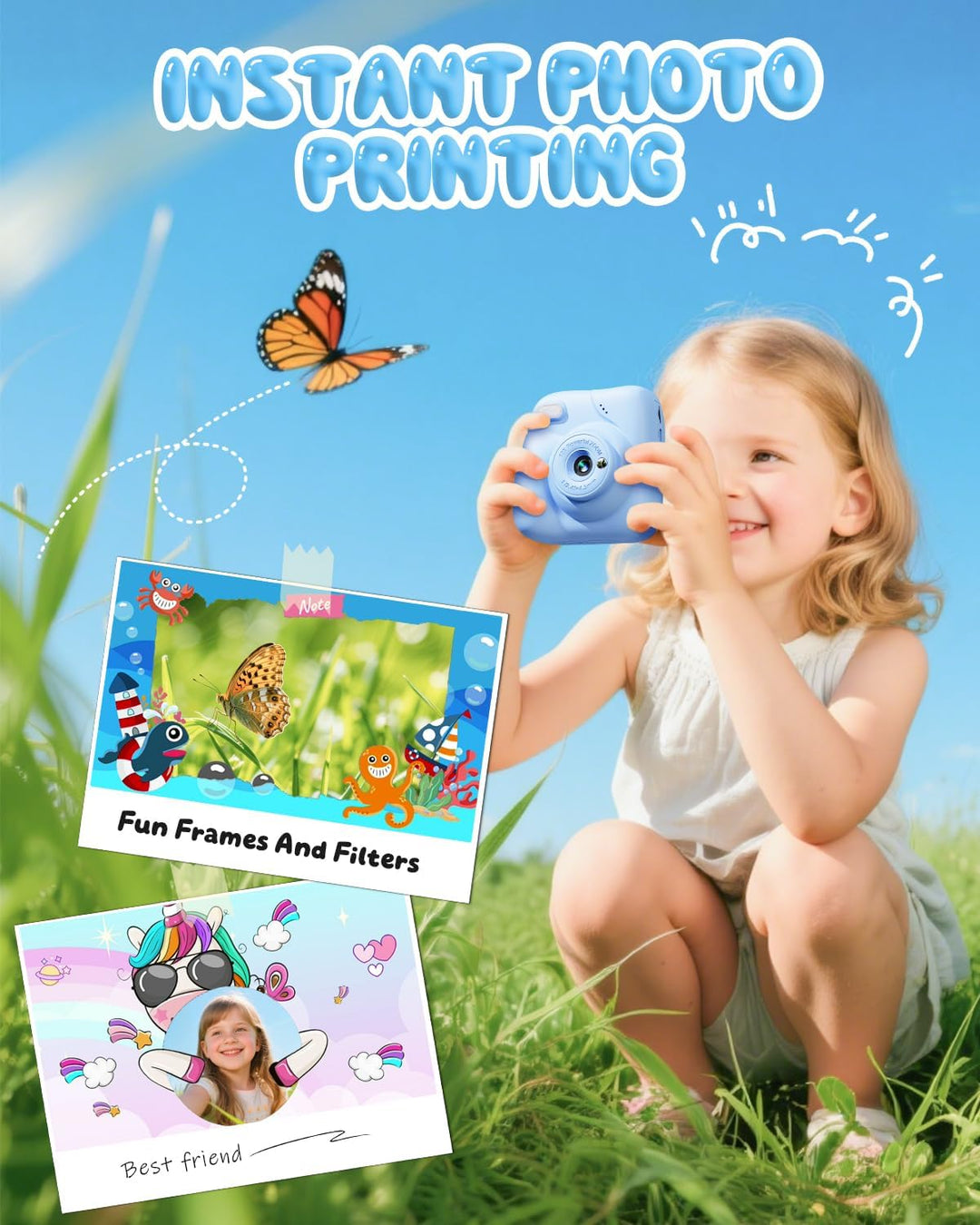 CAMCLID Kinderkamera Sofortbildkamera, 1080P Sofortbildkamera Kinder mit 32GB Karte & 3 Rollen Druck