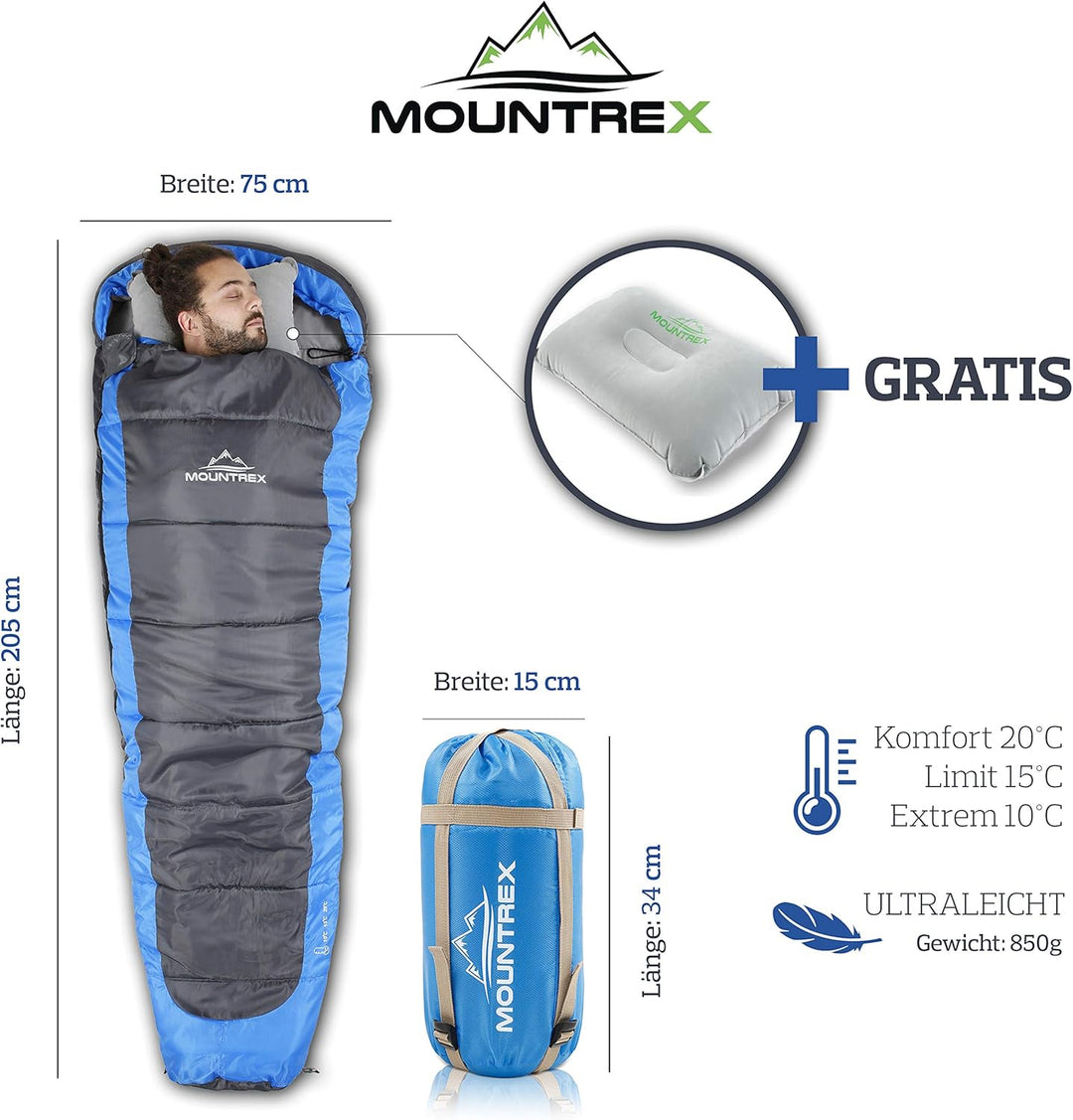 MOUNTREX Schlafsack +10°C / +20°C – Ultraleicht & Kompakt (850g) - Outdoor Sommerschlafsack - Mumien