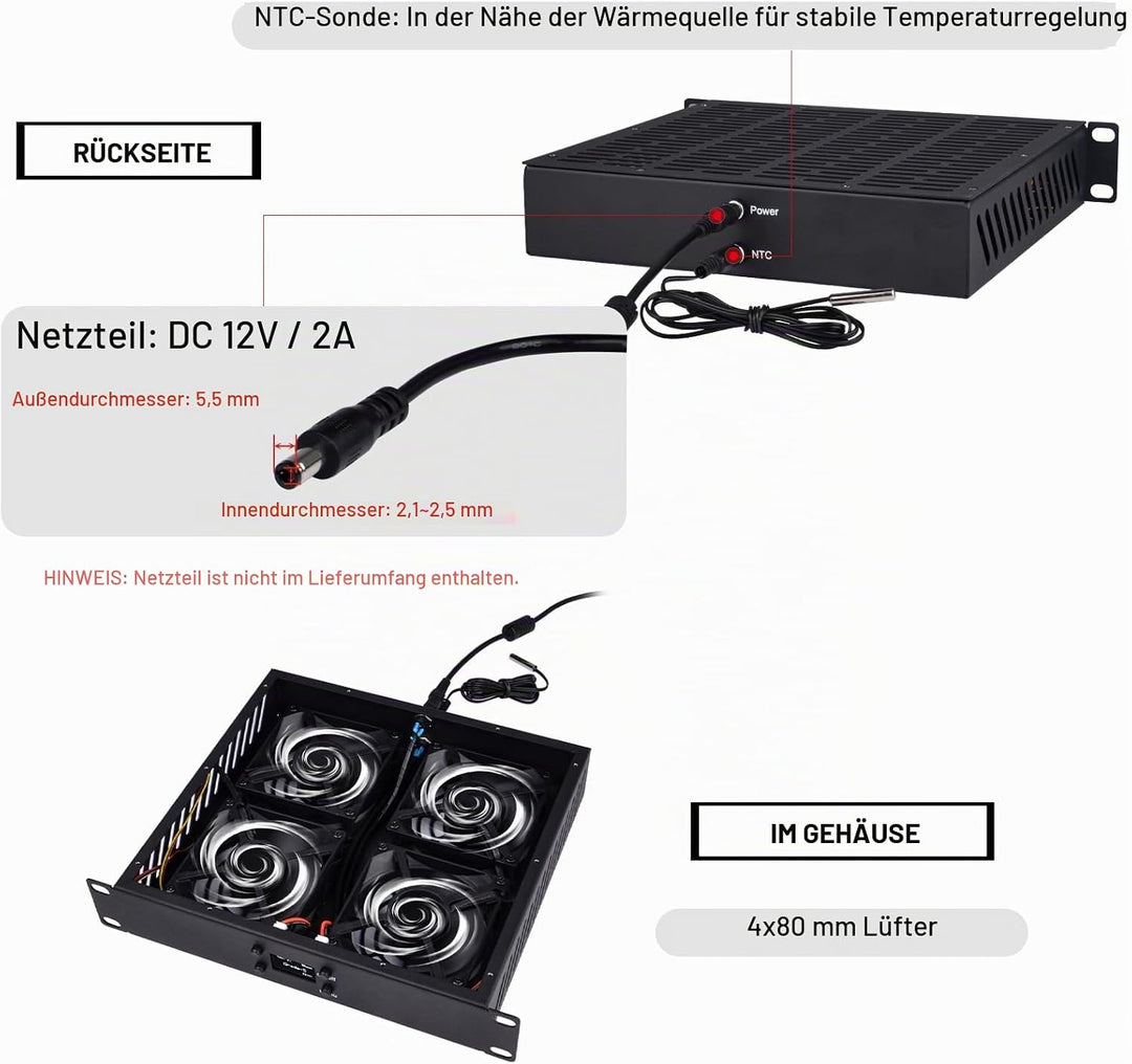 GeeekPi 10 Zoll 1U Rackmount Quad Fan Cooling Panel