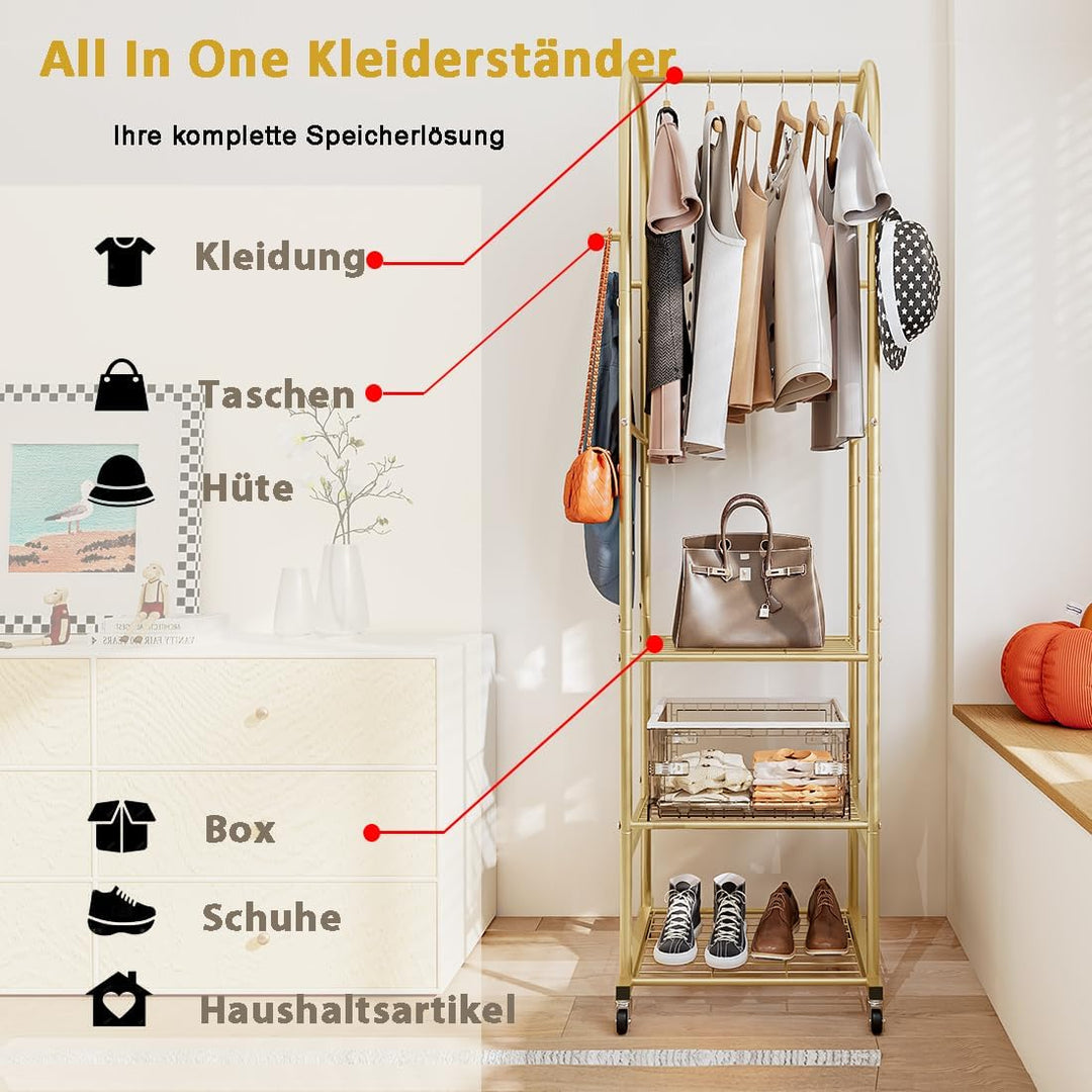 Kleiderständer mit Rädern und 3-stufigen Metallböden, Kleiderstangen zum Aufhängen von Kleidung mit
