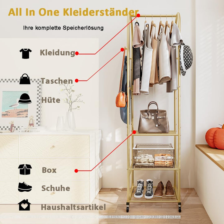 Kleiderständer mit Rädern und 3-stufigen Metallböden, Kleiderstangen zum Aufhängen von Kleidung mit