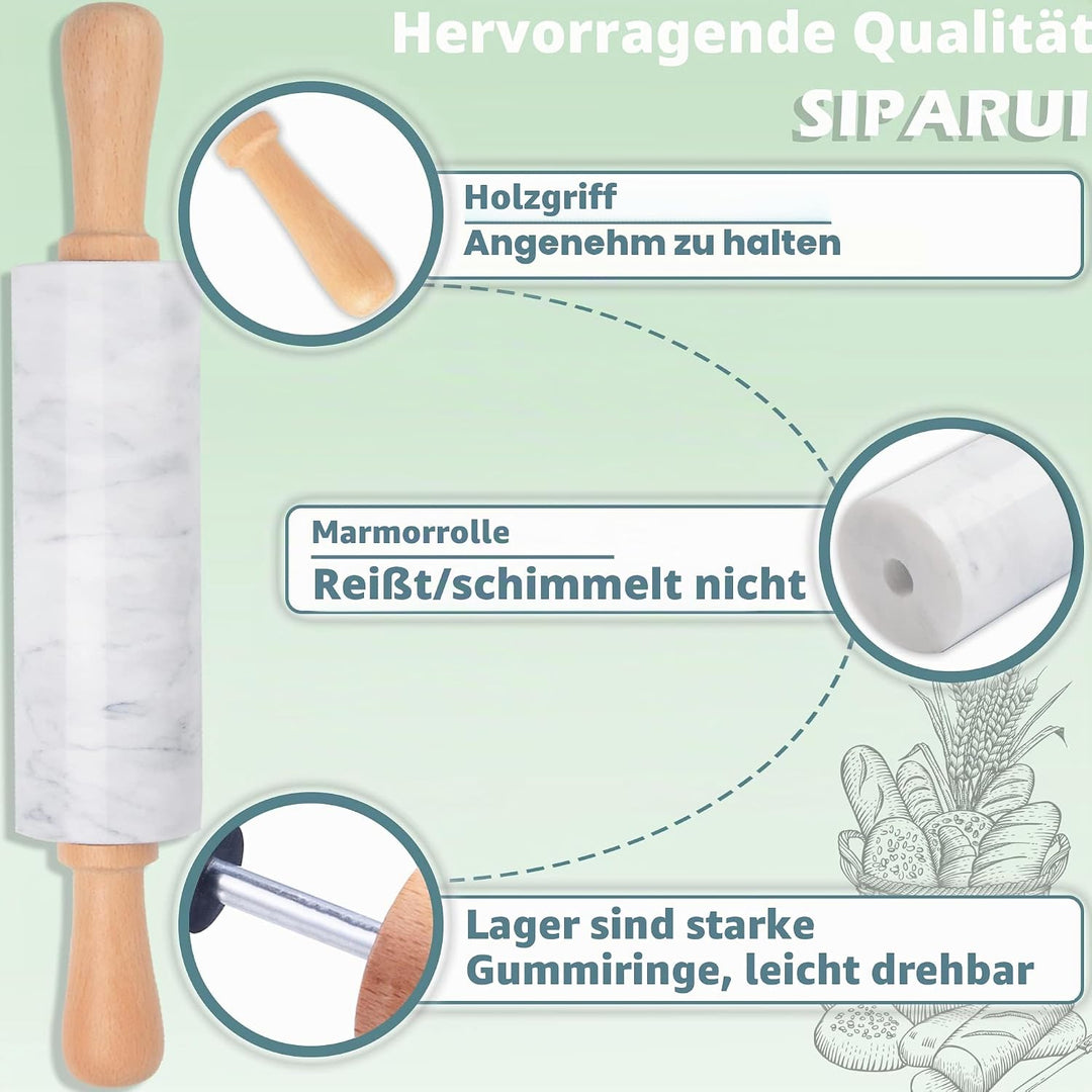Marmor-Nudelholz mit Holzwiege, dicker Griff, Set zum Backen, 47 cm, hochwertige polierte Walze für