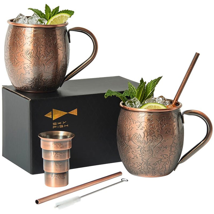 SKY FISH Moscow Mule Becher 2er Set, 3D Geprägte Cocktailgläser, 500 ml Edelstahl Weingläser, Handwä