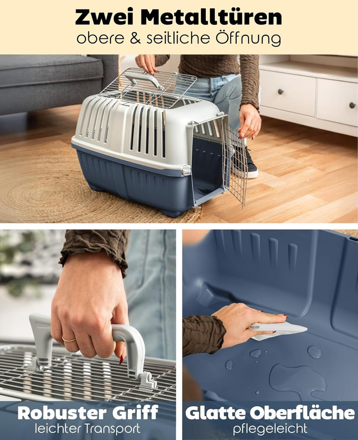 lionto Hundetransportbox aus Kunststoff mit Metallgitter, 58,5x35,5x40 cm, Transportbox mit praktisc