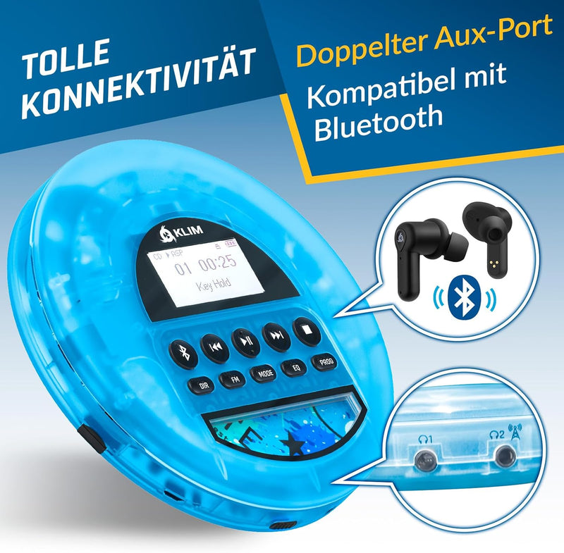 KLIM Nomad CD Player Bluetooth - Tragbarer CD-Player Discman mit langlebigem Akku - Inklusive Kopfhö