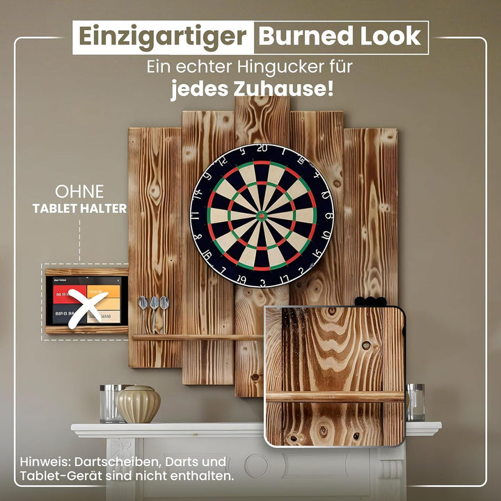 Wooden Dartboard Surround | Premium Dart-Wandschutz & Tablet-Halter (Optional) | Geflammter Burned L