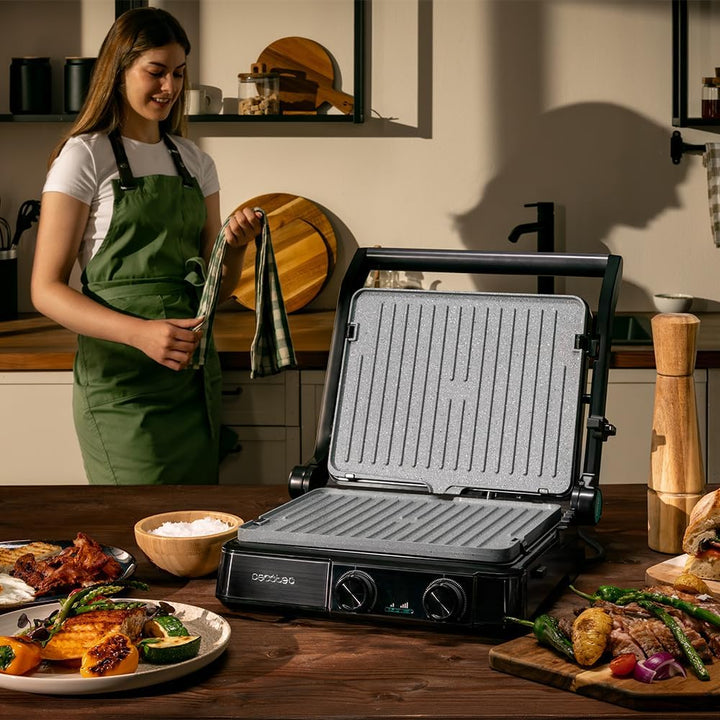 Cecotec Rock'nGrill 2200 Dual-Elektrogrill mit Grill, 2200 W, Öffnung 180°, Dual Temp, RockStone, An