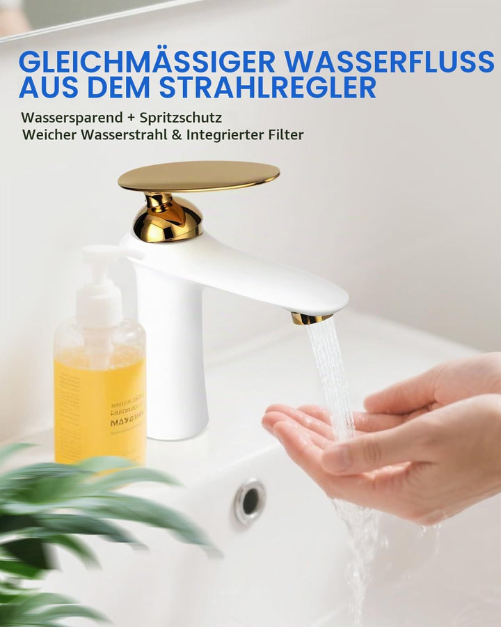 Waschtischarmatur Weiss Gold Messing Einhandmischer Hochdruck | Massives korrosionsfestes Messing mi