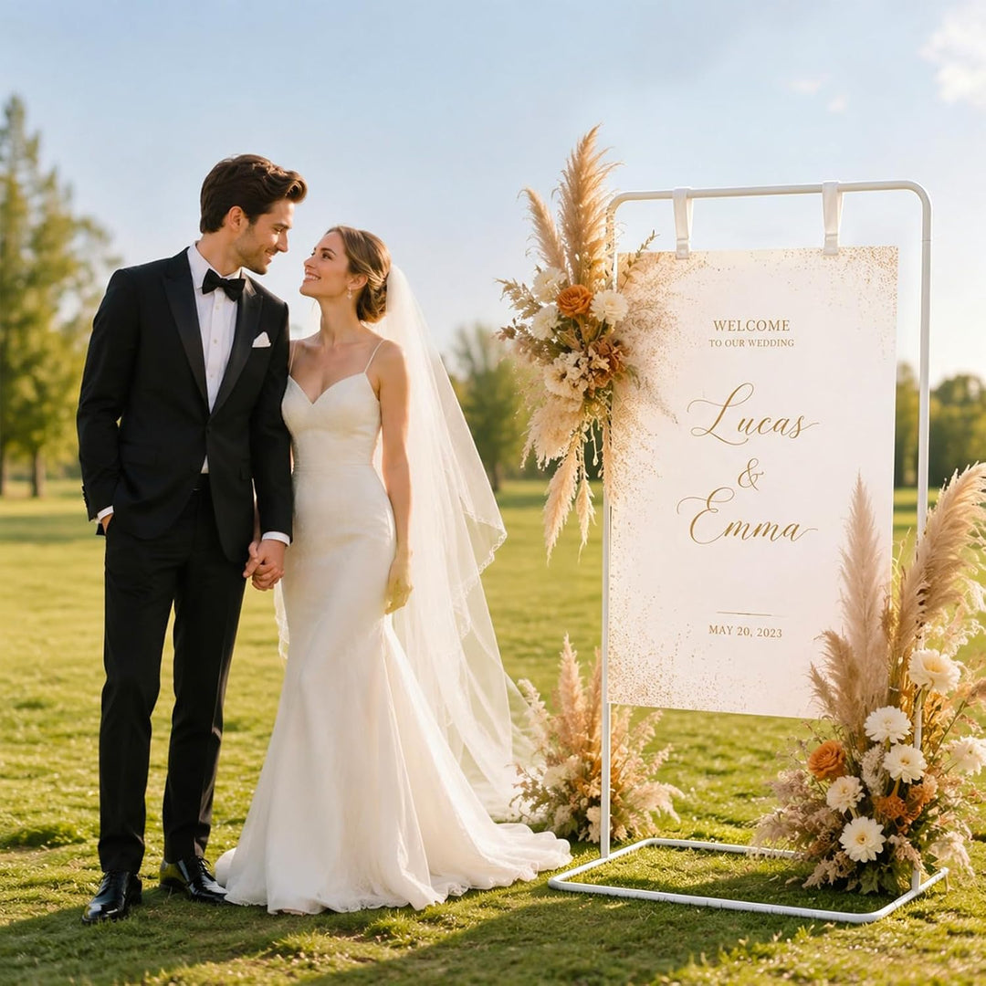 Hochzeitsschild Halter Metall 80 * 50 * 173cm, Verstellbare Staffelei für Willkommensschild, Sitzpla