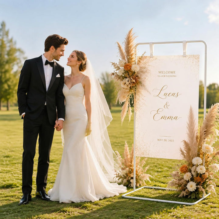 Hochzeitsschild Halter Metall 80 * 50 * 173cm, Verstellbare Staffelei für Willkommensschild, Sitzpla