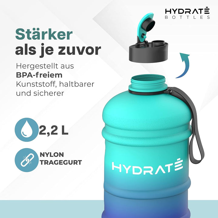 HYDRATE 2,2 Liter Trinkflasche Sport – langlebig und extra stark – BPA-frei – ideal für: Fitnessstud