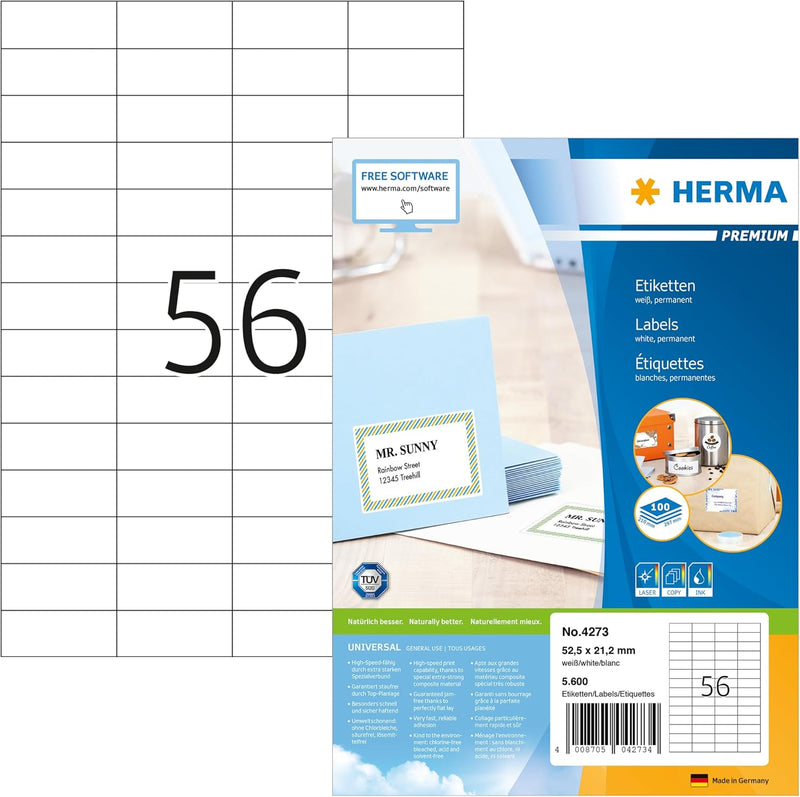 HERMA 4273 Universal Etiketten, 100 Blatt, 52,5 x 21,2 mm, 56 Stück pro A4 Bogen, 5600 Aufkleber, se